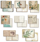 A collage of vintage-style botanical book and journal pages shown on a white background, featuring illustrated leaves, handwritten notes, floral prints, and aged cream paper.
