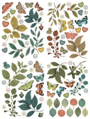 A sheet of botanical and insect decals featuring illustrated leaves, branches, butterflies, and small hearts in muted earthy tones, arranged on a white background with small circular labels.