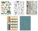 Five sheets of decorative scrapbook paper featuring botanical illustrations, butterflies, vintage text, and patterned borders on a white background.