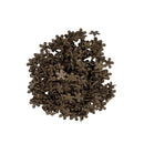 A pile of small, dark brown plastic flower-shaped pieces, likely craft embellishments or beads, arranged on a solid white background.