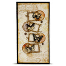 A vertical rectangular art piece featuring four black and cream butterflies arranged on vintage film strips and circular patches over an aged beige background with script and map elements, framed by a thin black border.