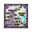 A square mixed-media art card featuring purple coneflowers, butterflies, black-and-white text elements, and a white border on a clean white background.