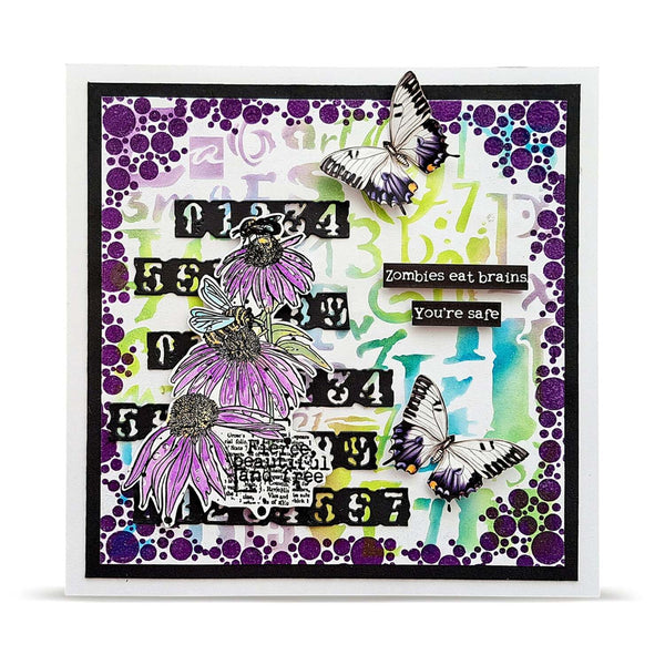 A square mixed-media art card featuring purple coneflowers, butterflies, black-and-white text elements, and a white border on a clean white background.