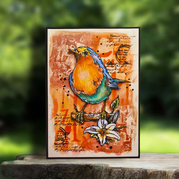A framed mixed-media art print featuring a vibrant robin perched on a branch with a white lily flower, set against a warm orange and brown textured background with handwritten script details. The print is displayed on a rustic wooden surface with a blurred green garden background.