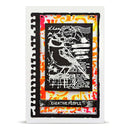 A square layered scrapbook card featuring a black and white bird silhouette stamp design over a vibrant orange, yellow, and white abstract splatter background, framed by a white border.