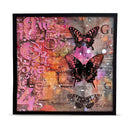 A square framed mixed-media art print featuring three black and pink butterflies over a colorful abstract background of pink numbers, splatters, and vintage-style text, set against a plain white background.