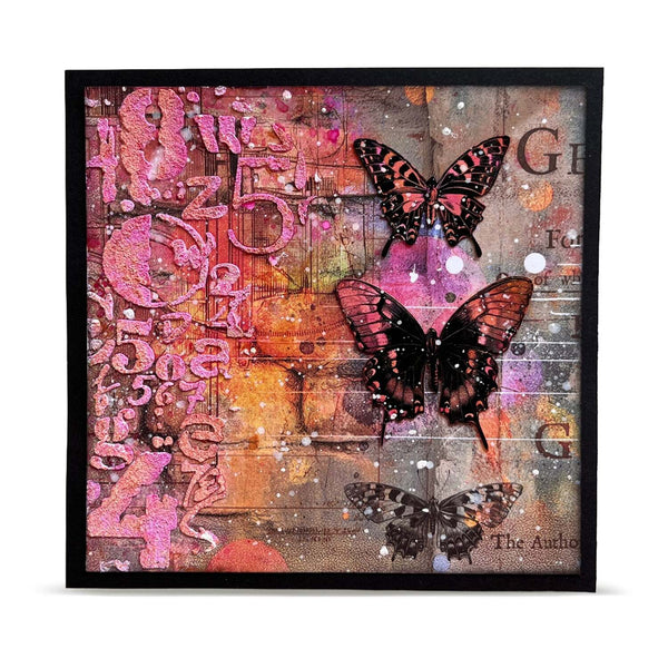 A square framed mixed-media art print featuring three black and pink butterflies over a colorful abstract background of pink numbers, splatters, and vintage-style text, set against a plain white background.