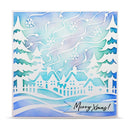 A square Christmas card featuring a winter village scene with snow-covered trees, houses, and swirling blue and white sky, with the text 'Merry Xmas!' in the lower right corner.
