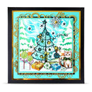 A square handmade Christmas card or art print with a black frame, featuring a whimsical hand-drawn Christmas tree, ornaments, wrapped gifts, candy canes, a snowflake, and a cat. The card has a turquoise and white background with a decorative gold scalloped border.