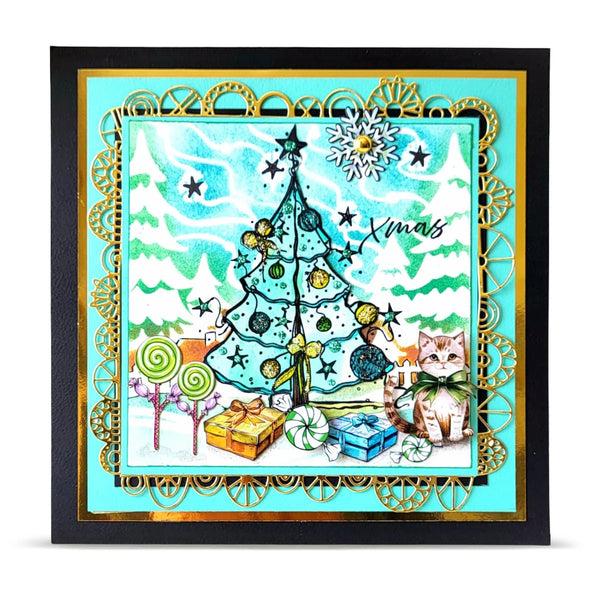 A square handmade Christmas card or art print with a black frame, featuring a whimsical hand-drawn Christmas tree, ornaments, wrapped gifts, candy canes, a snowflake, and a cat. The card has a turquoise and white background with a decorative gold scalloped border.