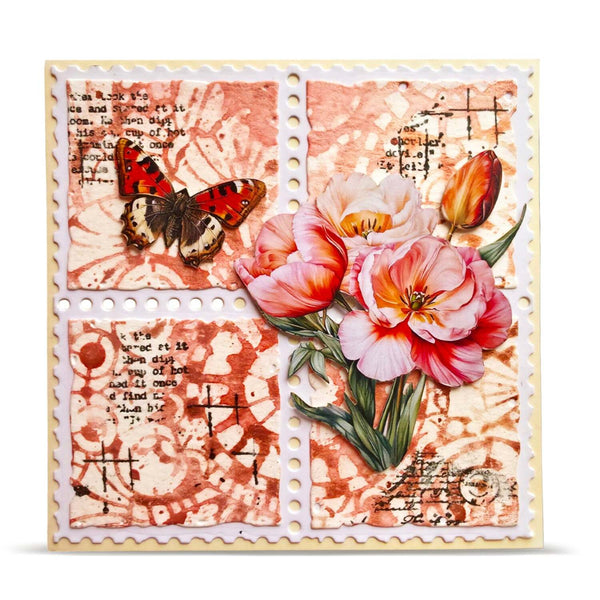 A square mixed-media art card featuring a vintage collage design with four stamp-like panels, a butterfly, pink and red tulips, and distressed text and ink patterns on a cream background.
