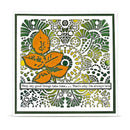 A square greeting card featuring a white background with a green border and an intricate green and yellow mandala-style pattern. A large orange leaf graphic is layered over the left-center of the design, and a white banner across the lower middle contains the text, 'They say good things take time.
