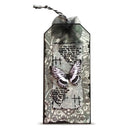 A decorative gift tag with a black wired border, featuring a layered design of vintage script, floral patterns, a butterfly embellishment, and a black mesh bow at the top on a white background.
