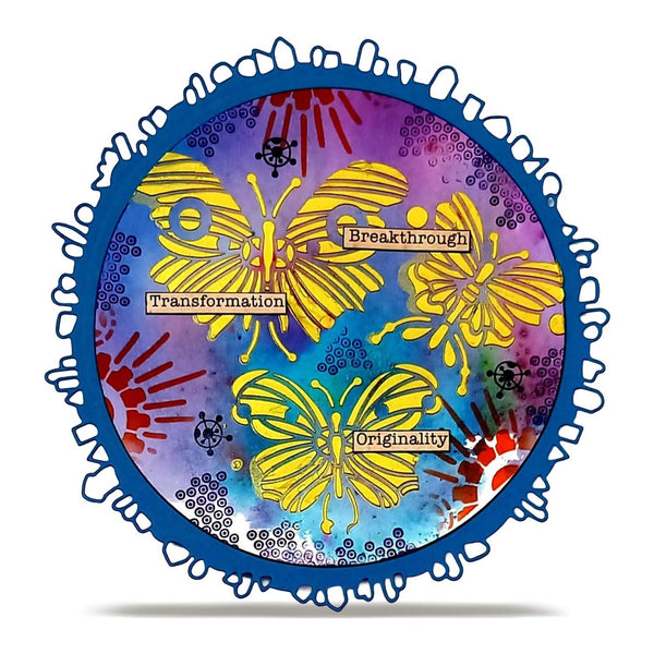 A circular decorative art print or sticker featuring three yellow butterflies on a purple, blue, and red watercolor background with the words 'Transformation', 'Breakthrough', and 'Originality'.