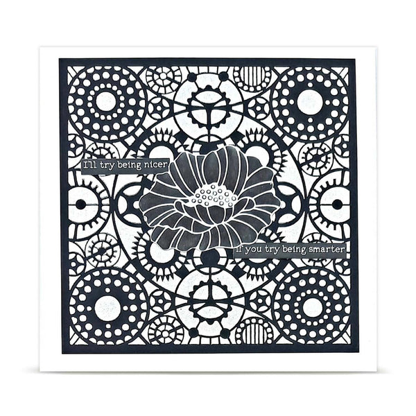 A square white card with a black laser-cut floral and geometric pattern, featuring the phrases 'I'll try being nicer' and 'If you try being smarter' in small text overlays.