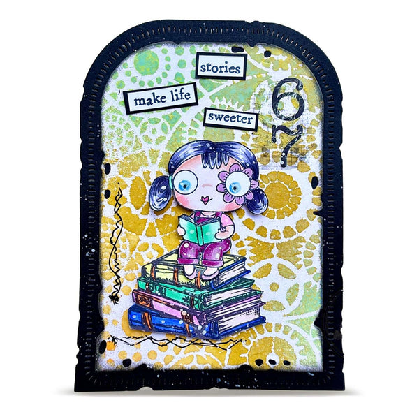 A decorative art plaque featuring a whimsical illustration of a girl with blue hair holding a green book, sitting on a stack of books. The background has a yellow and white pattern, with text reading 'stories make life sweeter' and the number '67'.