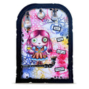 A whimsical steampunk-style mixed-media art piece featuring a pink-haired girl in a brown dress holding a teacup, surrounded by hanging lightbulbs, paint splatters, and text labels on a dark arched frame.