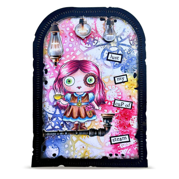A whimsical steampunk-style mixed-media art piece featuring a pink-haired girl in a brown dress holding a teacup, surrounded by hanging lightbulbs, paint splatters, and text labels on a dark arched frame.