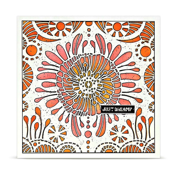 A square art print or card featuring a colorful retro floral pattern with orange, pink, and yellow doodled flowers and suns on a white background, with a black label reading 'JULY 1994' near the center.