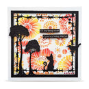 A square layered card featuring black silhouette cutouts of trees, a cat, a bird, and barbed wire over a white background with orange, yellow, and red floral patterns. Two small black text boxes are layered on the right side with the phrases 'I'll try being nicer.
