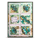 A framed handmade art card featuring six square panels with layered autumn leaves, textured green and beige backgrounds, and a central paper tab that reads, 'let it fall let it rest let it be.'.