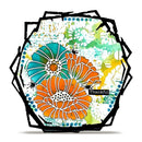 A square mixed-media art print featuring two stylized orange flowers with teal centers, set against a white background with green and yellow watercolor splashes. The artwork is framed by a jagged black border with a small 'Thankful' text element, shown on a clean white background.