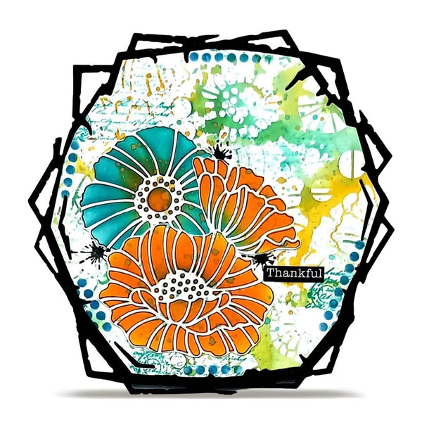 A square mixed-media art print featuring two stylized orange flowers with teal centers, set against a white background with green and yellow watercolor splashes. The artwork is framed by a jagged black border with a small 'Thankful' text element, shown on a clean white background.