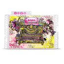 A square mixed-media collage print featuring a vintage typewriter in yellow, pink, and black, surrounded by floral elements, handwritten text, and pink hearts, presented on a white die-cut card.