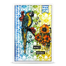 A square greeting card featuring a colorful parrot perched among orange flowers, with blue, green, and yellow gradient backgrounds and white ornamental cutout-style patterns.