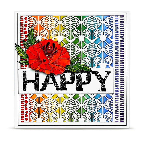A square decorative card or print with a white border, featuring a large red flower with green leaves over the word “HAPPY” in black distressed lettering. The background has a multicolor rainbow pattern with white geometric cutout motifs.