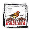 A square printed card or art piece featuring a robin bird perched above the word "ROBIN" in large red letters, with the phrase "Let your dreams be your wings" and "Fly!" on a distressed white background with black border elements.