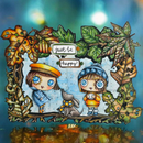 Illustration of two children and a dog with autumn leaves and 'just be happy' text.
