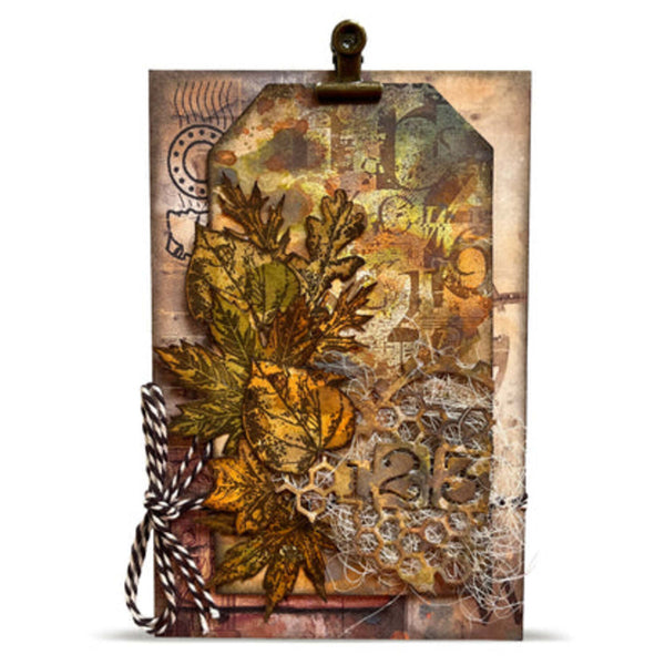 A vintage-style scrapbook card or art print featuring layered autumn leaves in yellow, brown, and green, distressed textures, the number 125, and a black binder clip at the top on a white background.