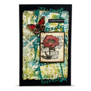 A square mixed-media art card featuring a layered collage design with a butterfly, a red flower illustration, vintage text, teal film-strip shapes, and a black border on a white background.