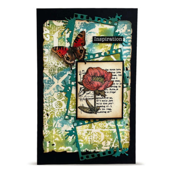 A square mixed-media art card featuring a layered collage design with a butterfly, a red flower illustration, vintage text, teal film-strip shapes, and a black border on a white background.