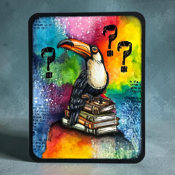 A square framed art print featuring a painted toucan perched on a stack of books against a vivid rainbow watercolor background with black question marks and handwritten text details, displayed against a textured gray backdrop.