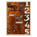 A square art print or canvas featuring a distressed brown and orange textured background with black and white butterflies, large white numbers 1 through 5, and words including 'Wings', 'Courage', 'Fearless', and 'Accomplish'.