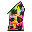 A house-shaped decorative plaque featuring a vibrant multicolor paint splatter background with black textured leaf overlays and a small black label reading 'Inspiration'.