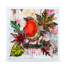 A square art print or card featuring a robin bird perched on a branch with autumn leaves, set against a textured watercolor-style background with a white border.