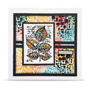 A square mixed-media art print featuring a colorful, patterned leaf on a white cardstock center, surrounded by black borders and a multi-colored abstract collage background with text elements.