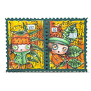A square art print or card featuring two whimsical illustrated children in autumn clothing, surrounded by leaves and text such as 'WARM AND COZY' and 'STAY Awhile longer.' The design uses bright orange, yellow, green, and brown tones with a dark teal border.