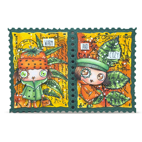 A square art print or card featuring two whimsical illustrated children in autumn clothing, surrounded by leaves and text such as 'WARM AND COZY' and 'STAY Awhile longer.' The design uses bright orange, yellow, green, and brown tones with a dark teal border.
