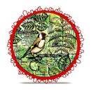 A circular art print featuring a goldfinch bird perched on a leafy vintage-style map background with a bold red scalloped border, shown on a white background with a soft shadow underneath.