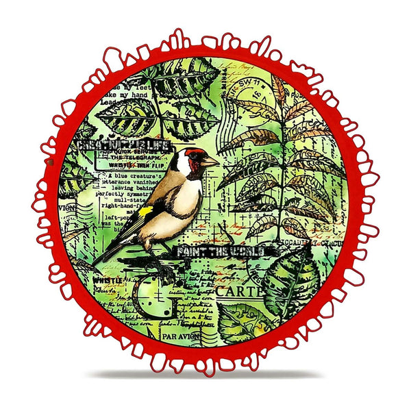A circular art print featuring a goldfinch bird perched on a leafy vintage-style map background with a bold red scalloped border, shown on a white background with a soft shadow underneath.
