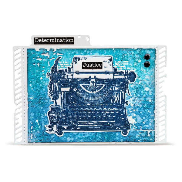 A square decorative item featuring a blue typewriter illustration on a turquoise textured background, with a black label reading "Determination" at the top and a black label reading "Justice" on the typewriter. The item is shown against a plain white background.