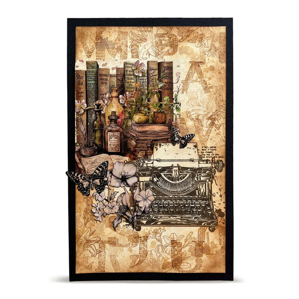 A framed vintage-style art print featuring a typewriter, old books, flowers, butterflies, and decorative script on a warm beige background, shown against a plain white backdrop.