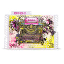 A square mixed-media collage print featuring a vintage typewriter in yellow, pink, and black, surrounded by floral elements, handwritten text, and pink hearts, presented on a white die-cut card.