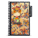 A spiral-bound notebook or planner cover featuring a whimsical illustration of a girl in a colorful kimono surrounded by orange lilies on a warm beige background. The cover has a black spiral binding and a black side tab labeled 'Enlightenment'.