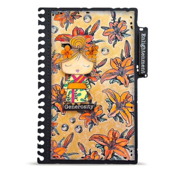 A spiral-bound notebook or planner cover featuring a whimsical illustration of a girl in a colorful kimono surrounded by orange lilies on a warm beige background. The cover has a black spiral binding and a black side tab labeled 'Enlightenment'.