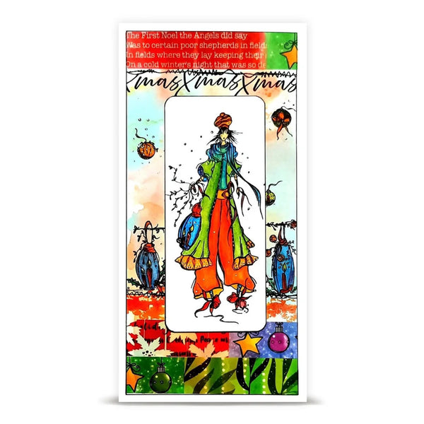 A rectangular printed card or packaging insert featuring a whimsical illustrated figure in bright clothing, surrounded by festive graphics and text including 'Maxx Maxx Maxx' and 'Christmas.' The design is highly colorful with orange, green, blue, red, yellow, and black elements on a white border.